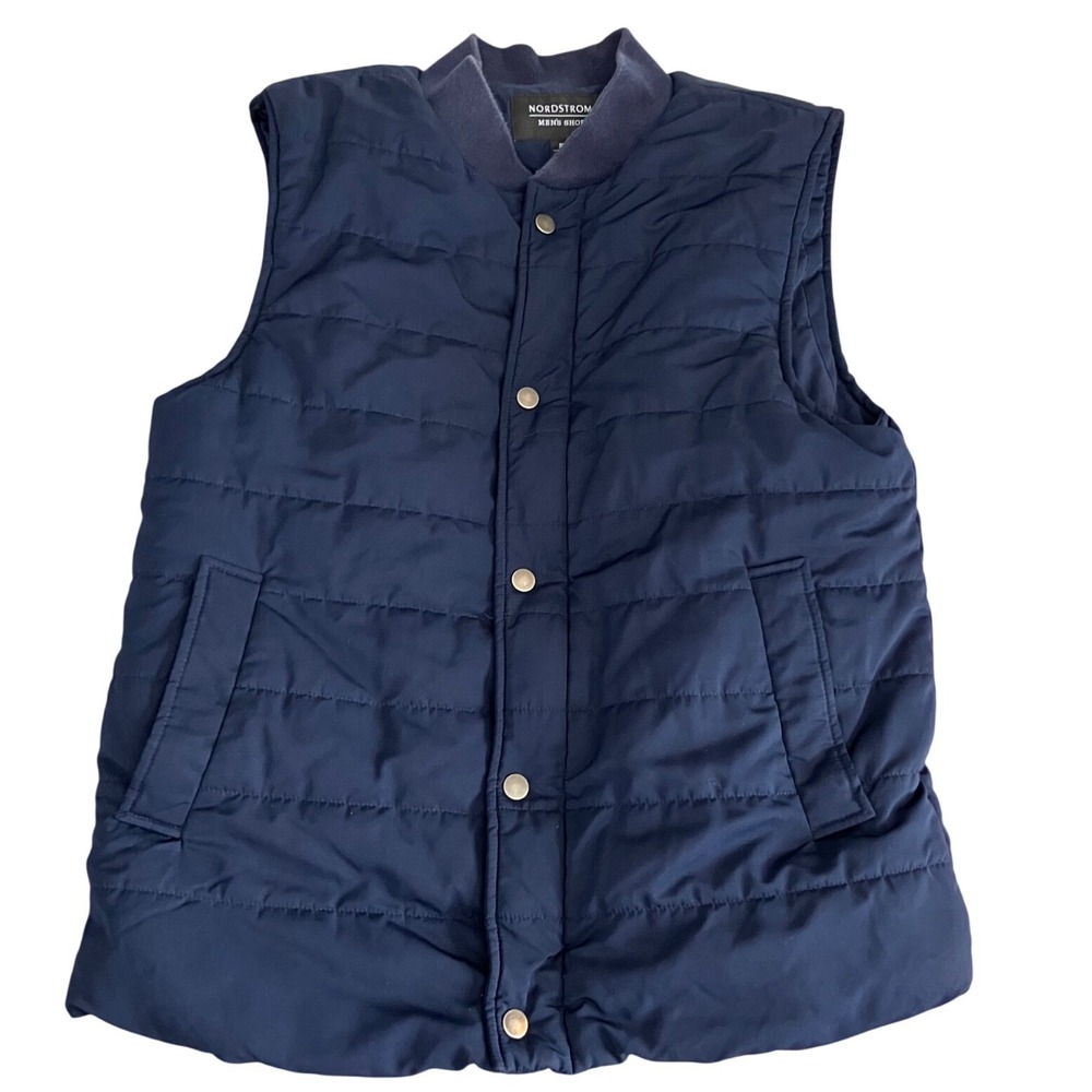 Nordstrom Men's Shop Navy Blue Quilted Puffer Vest Snap Front Size M Medium‎
